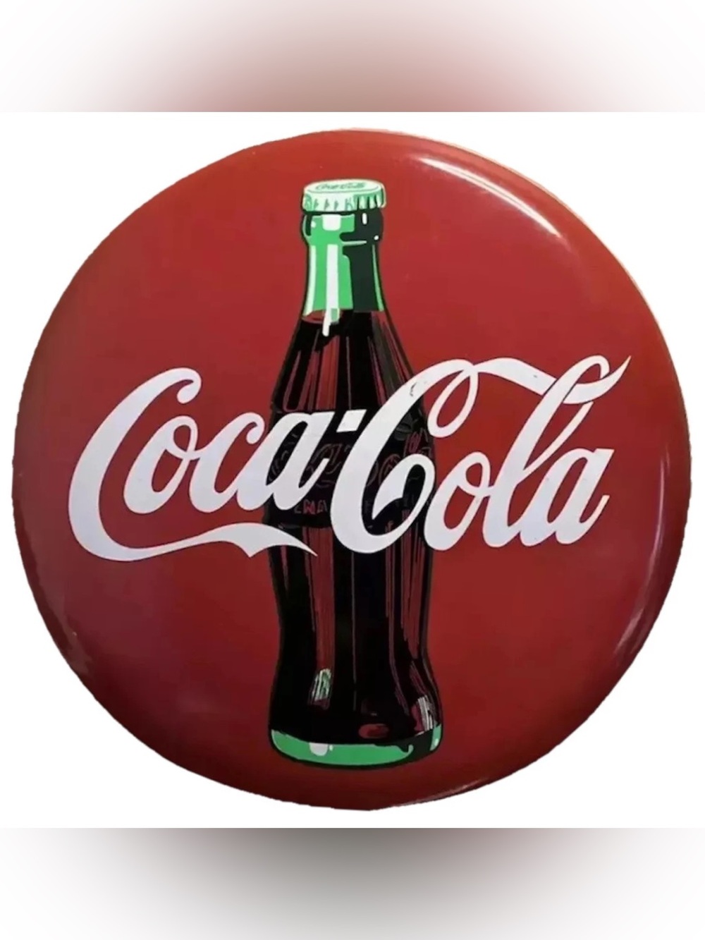 Vintage 1990 Coca Cola Metal Button Sign Red Tacker Round Logo